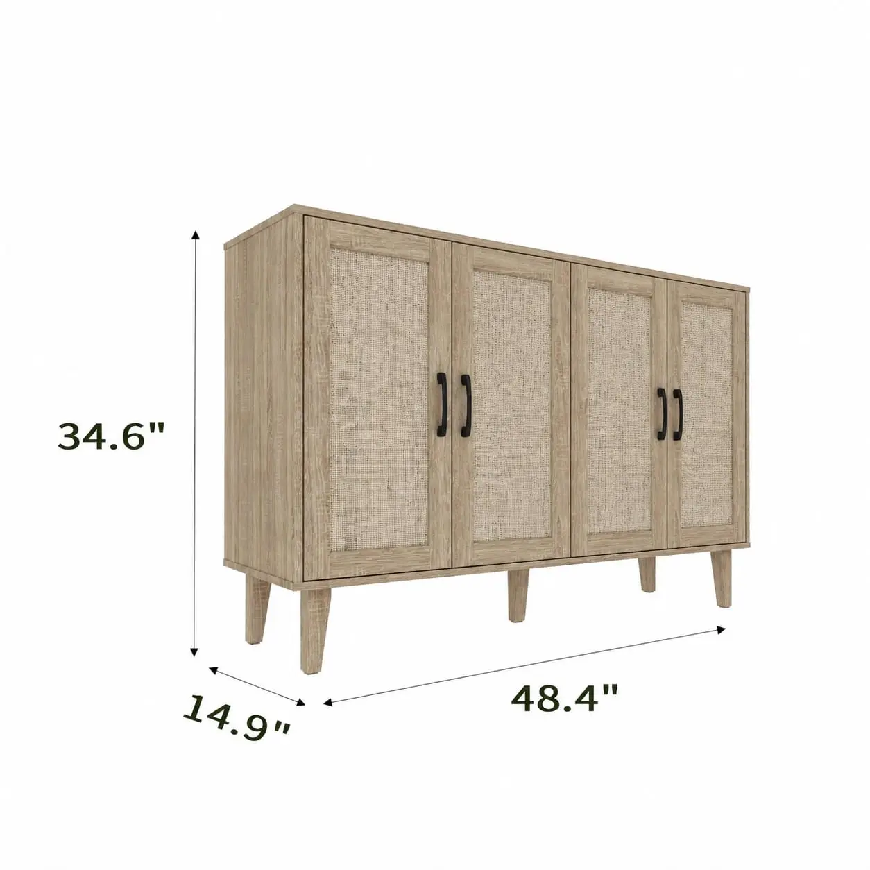 Rattan Buffet Cabinet with 4 Doors & Adjustable Shelves, Coffee Bar Storage Sideboard Console for Kitchen Entryway, Customized