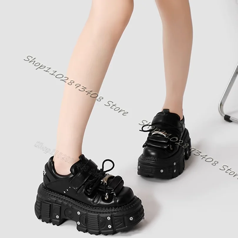 Black Rivet Decor Hook Pumps Lace up British Style Muffin Bottom Women Shoes Autumn Cool Girl Cusual Shoes Zapatos Para Mujere