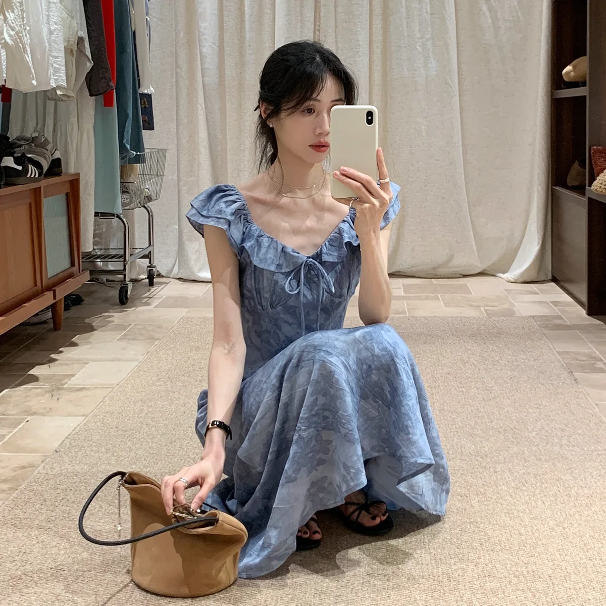 

Blue Highlighted White Small Fly Sleeve Lace Up Jacquard Dress for Women 2025 Summer New Slimming Dress
