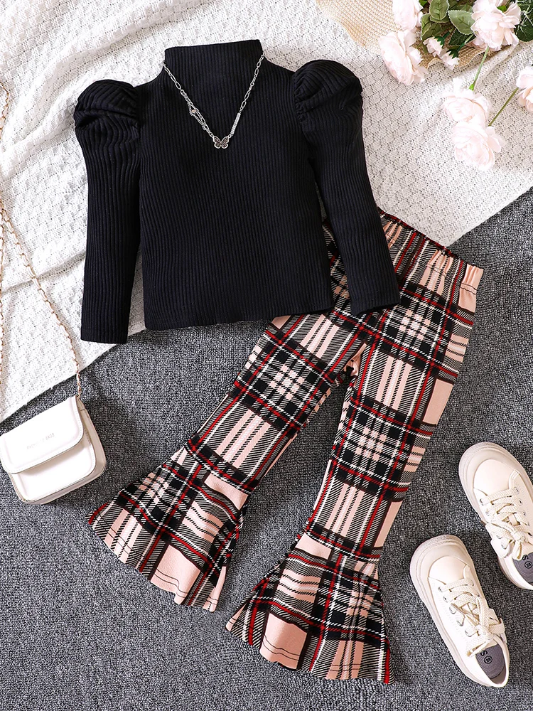 Girls' Autumn And Winter New Style Bubble Sleeve Bottoming Shirt+Plaid Bell-Bottoms Suit