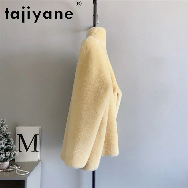 เสื้อโค้ทขนสัตว์แท้ 100% สำหรับผู้หญิง สไตล์เกาหลี สีเหลือง แจ็คเก็ตขนแกะ ฤดูหนาว 2025 เสื้อผ้าผู้หญิง