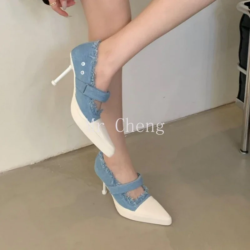 Spring/Summer 2025 Denim New Color-Blocked Velcro Heels Stiletto Wipe Blue Sexy Mary Jane Women's Shoes Brand Devise