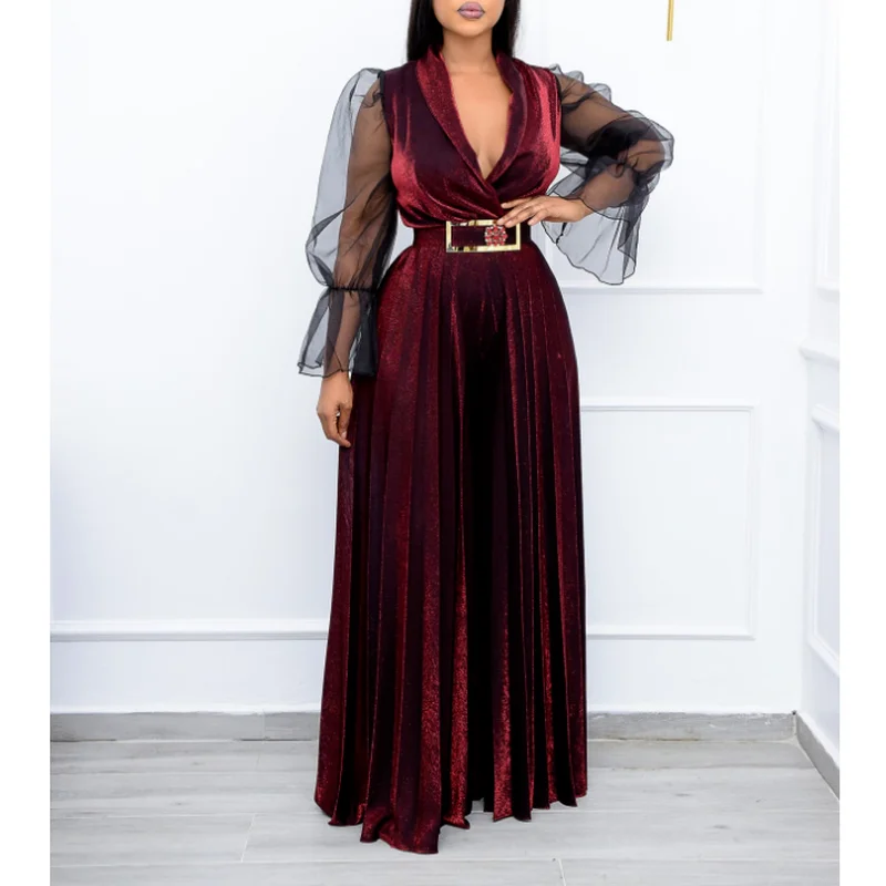 

Wide Leg Sexy Jumpsuit Printing Ladies Off-shoulder Mesh Long-sleeved Casual Party Elegant Office Ladies Dovetail Long Jumpsuit