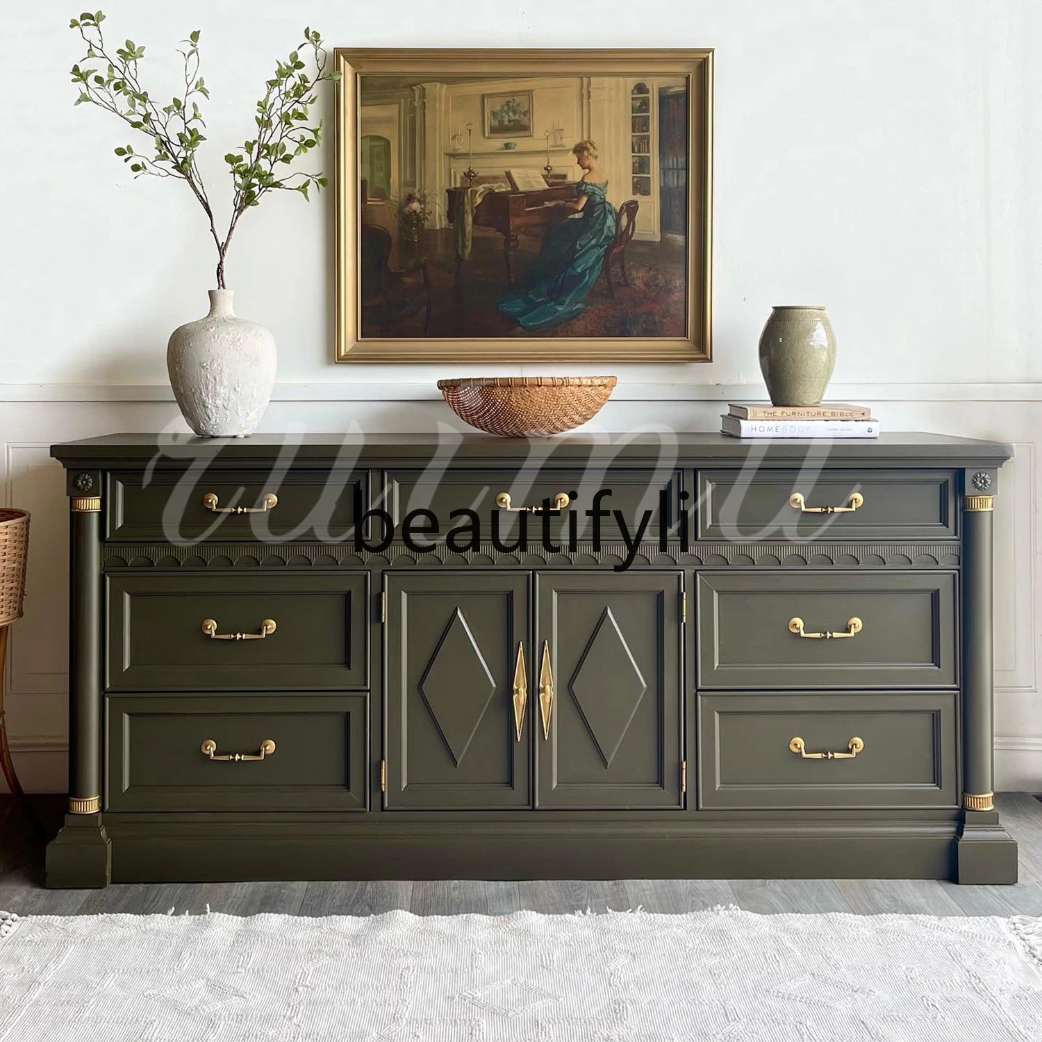 

French retro solid wood dining side cabinet dining room wall drawer cabinet American simple living room storage cabinet