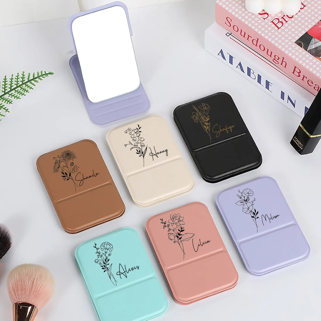 Custom Macaron PU Mini Folding Makeup Mirror - Portable Standable Handheld Tabletop Mirror Ideal  for Dormitory Office Daily Use