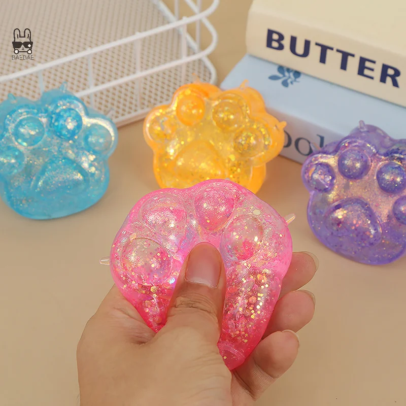 1Pc Kids Anti-stress Soft TPR Slow Rebound Sequins Pinch Toy Stress Relief Elastic Squeezing Colored Cat Paw Decompression Toys