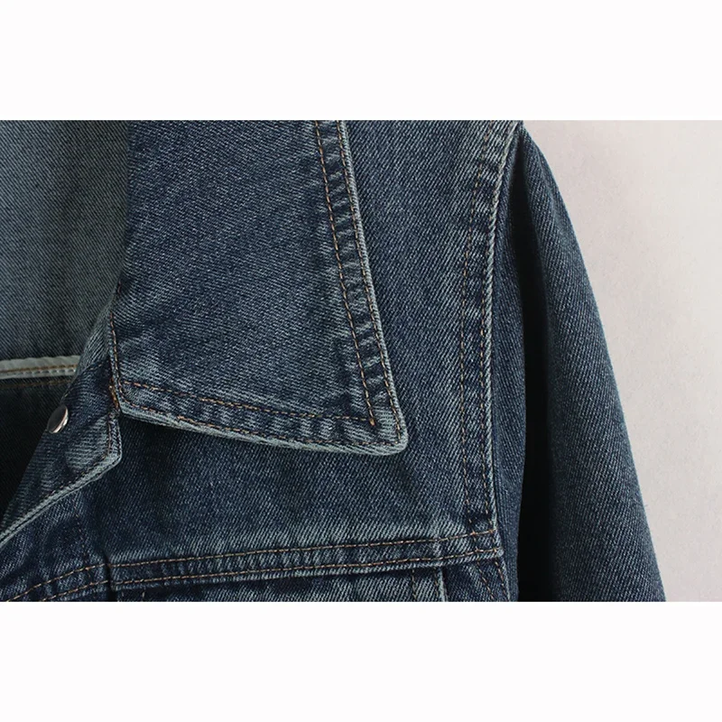 

Spring Autumn Women Dark Blue Slim Short Denim Jacket Frayed Burrs Pocket Lapel Long Sleeve Jeans Jacket Coat Female Streetwear