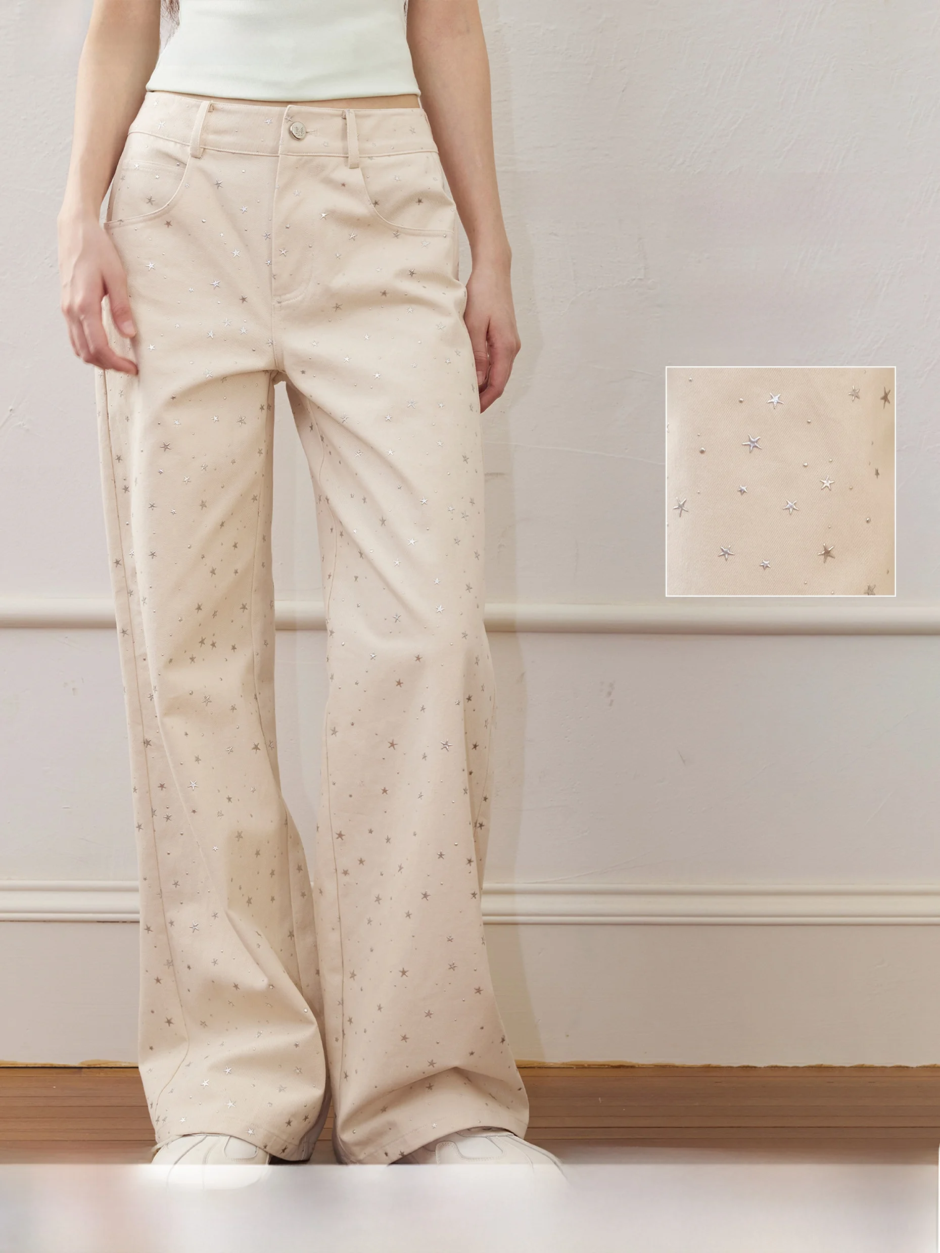 

Umoumo Casual Pants Polka Dot Straight Leg Loose Fit Silver Star High Waist Button Closure Casual Wear for Teen Girls