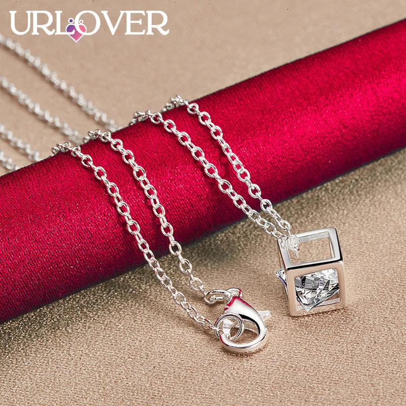 

URLOVER 925 Sterling Silver Necklace For Woman Square Zircon Crystal Pendant Necklaces Fashion Party Wedding Birthday Jewelry