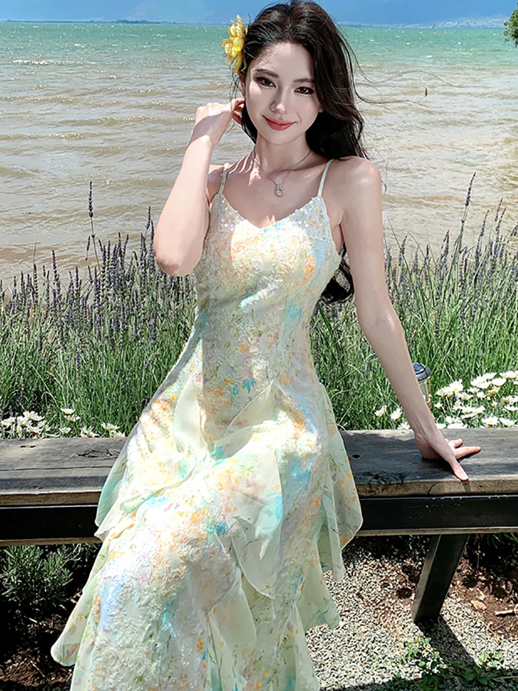 Summer Boho Jacquard Floral Sling Sexy Long Dress Women Elegant Casual Ruffled Prom Clothes 2025 New Korean Body Festival Dress