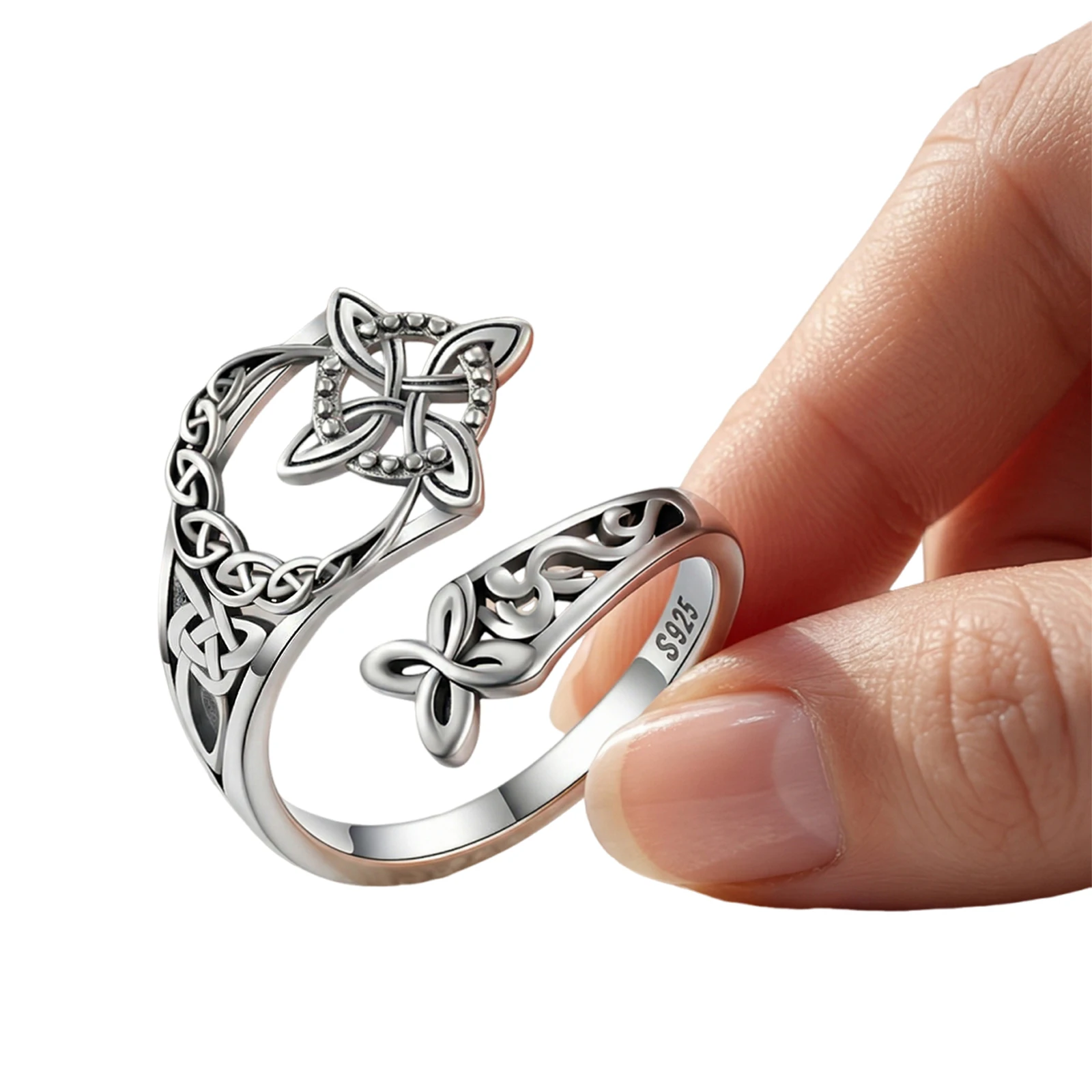 Witches Knot Ring for Women, Adjustable Open Silver Color Thumb Rings Engagement Wedding Promise Jewelry Wife Mother Gift