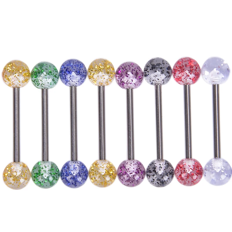 8PCS/lot Surgical Steel Glitter Tongue Piercing Ball Barbell Bar Tongue Ring Body Studs Piercing Jewelry Women Men Piercing