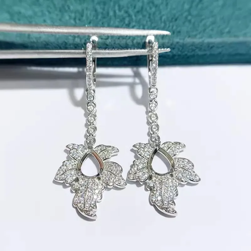 MeiBaPJ 6*8 Water Drop Stones DIY Real 925 Silver Empty Holder Maple Leaves Drop Earrings Fine Charm Party Jewelry for Women