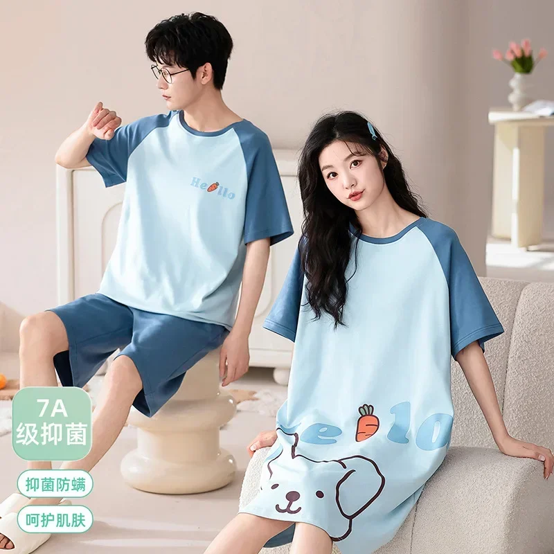 Zomer Paren Pyjama Set Dames Heren Katoenen Pyjama Nachtkleding Cartoon Koreaanse Liefhebbers Homewear Nachthemd Korte Mouw Pijama