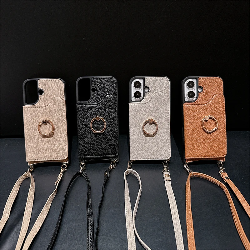 Capa de telefone com suporte de anel de corda crossbody para iPhone 16 15 14 13 12 11 Pro Max Plus Carteira de couro com capa de suporte de cartão