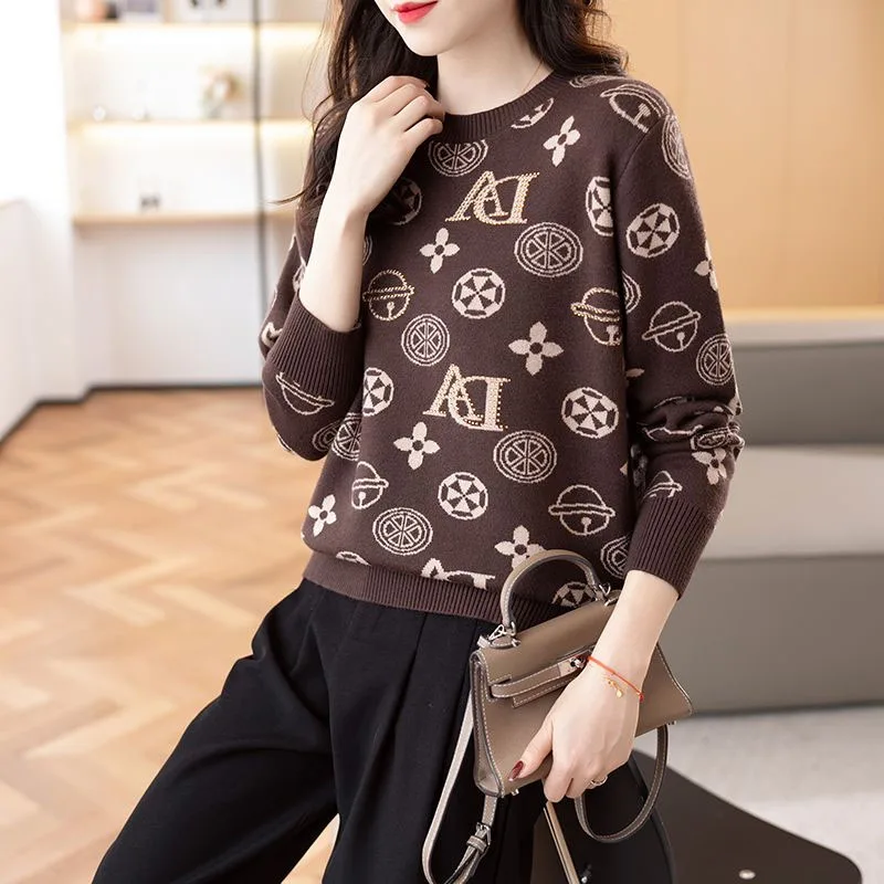 Autumn and Winter Fashion Trend Round Neck Pick Colored Flower Loose and Versatile Western Women\'s Knitted Long Sleeve Sweater