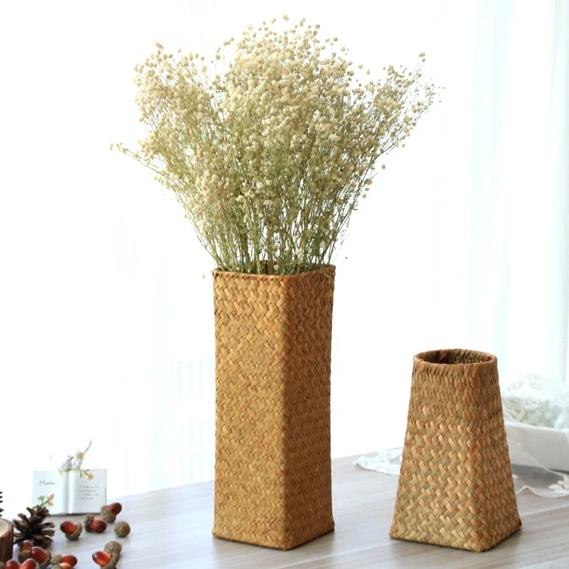 Natural Seaweed Weave Basket Pastoral Rattan Vase Bamboo Weaving Room Flower Arranger Gypsophila Dried Decoration