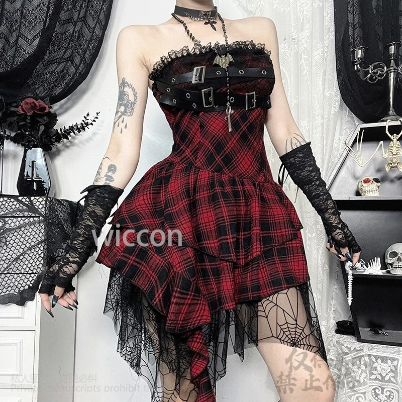 2024Anime Gothic Cosplay Costume Halloween Suit Red Black Lattice Lolita Dress Black Glove Tube Dress Women Girl Halloween Party