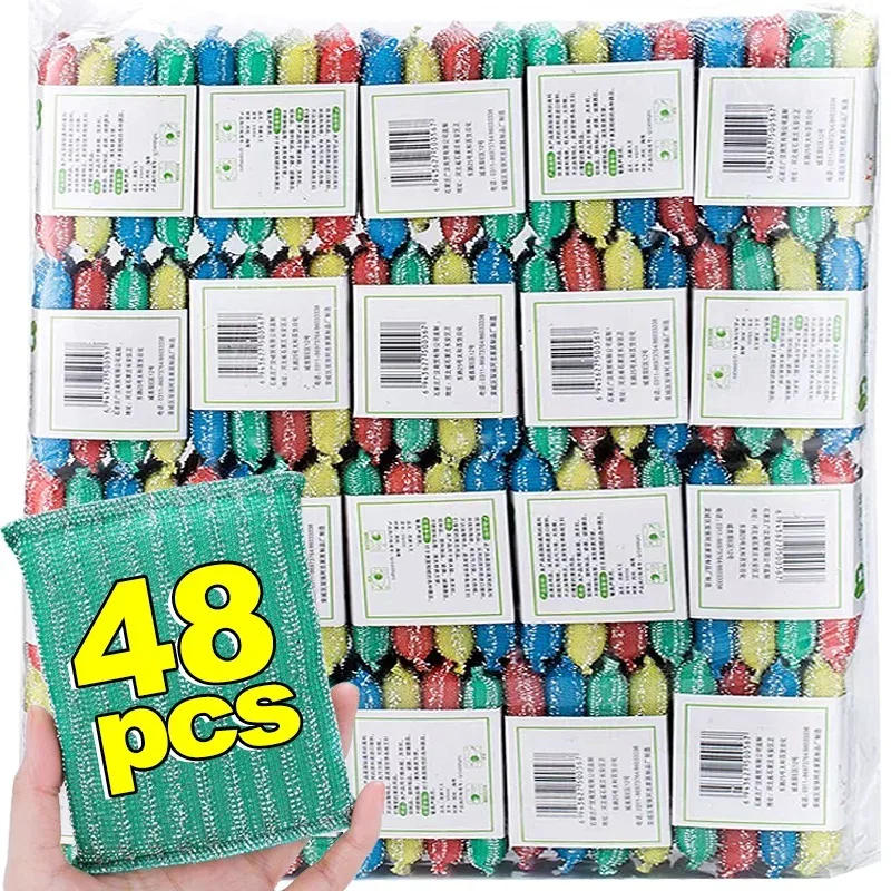 4/48x Sponge Rags Steel Wire Non -oil Brush Rag Reusable Double Sided Cleaning Cloth Kitchen Dishcloth Scouring Pad Rag Cleaning