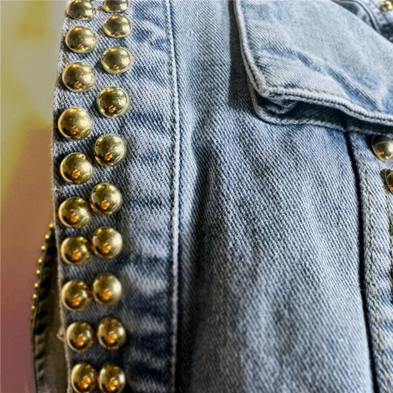 Autumn Women New Heavy Work Rivet Blue Short Denim Cardigan Jacket Loose Big Pocket Lapel Long Sleeve Female Jeans Jacket Coat - Image 6