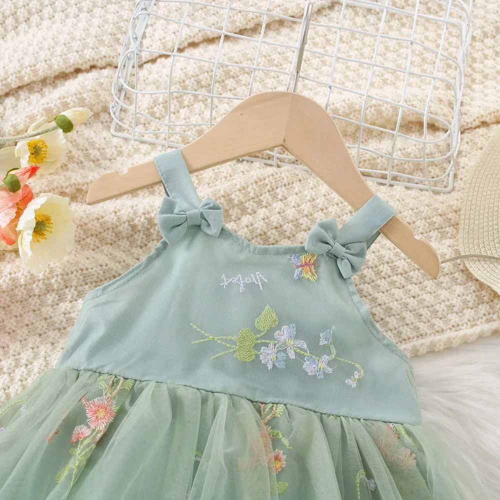 (0-3 Years Old) Summer Mesh Floral Bow Baby Girl Dress Cute And Sweet Double Layered Gauze Girl Princess Dress