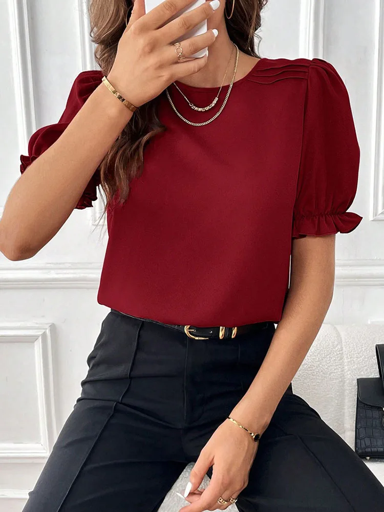 Women\'s Blouses Top 2024 Summer New Fashion Red O Neck Lantern Short Sleeve Streetwear Casual Black Shirts For Women Clothing