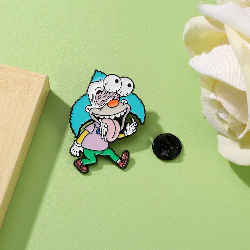 Horror Cartoon Clown Enamel Brooch Blue Hair Double Face Weird Figure Metal Lapel Pin Bag Hat PunkAlternativeDecorBadgeAccessory