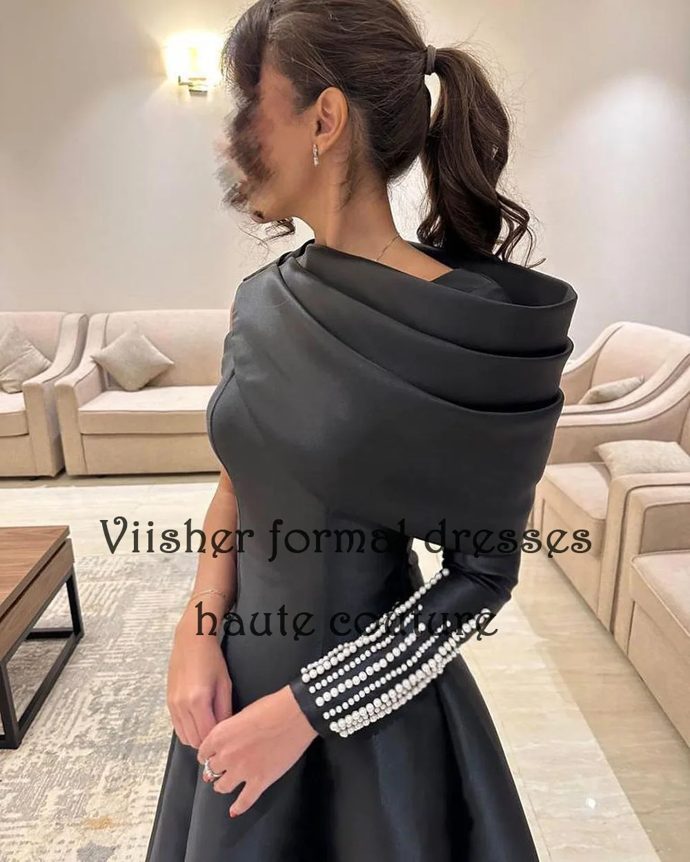 Gaun malam satu lengan hitam Satin bermanik gaun Prom Dubai Arab A Line panjang lantai gaun malam Formal untuk wanita