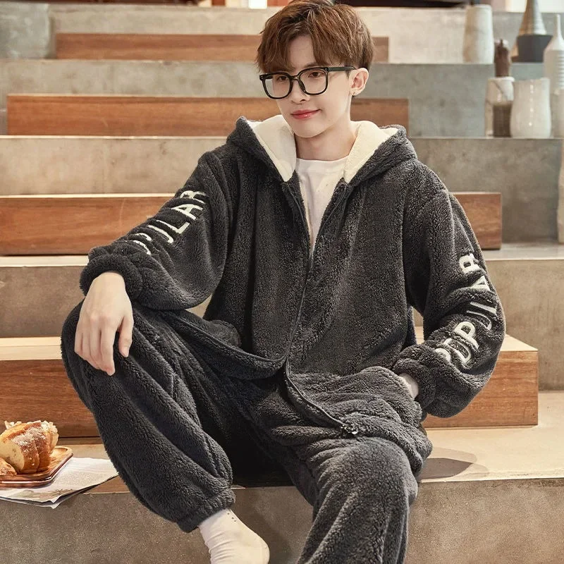 Men Pajamas Set Autumn Winter Sleepwear Coral Velvet Plus Padded Warm Loungewear Hooded Outside Wear Home Service Suit Pijamas