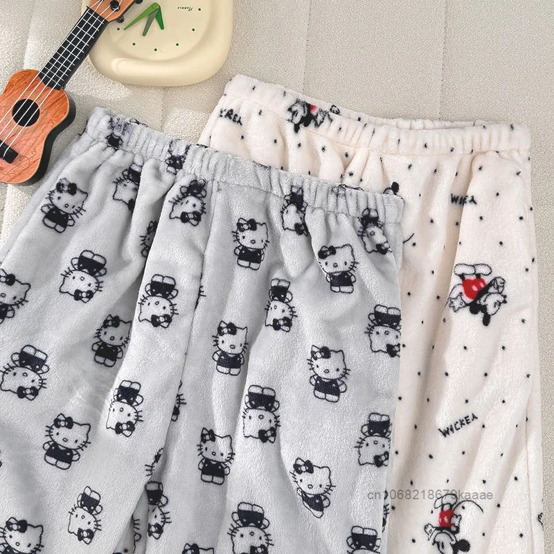 Hello Kitty Flannel Thick Sleeping Pants Cute Cartoon Pattern Trendy Plush Pajama Pants Autumn Winter Loose Versatile Home Pants