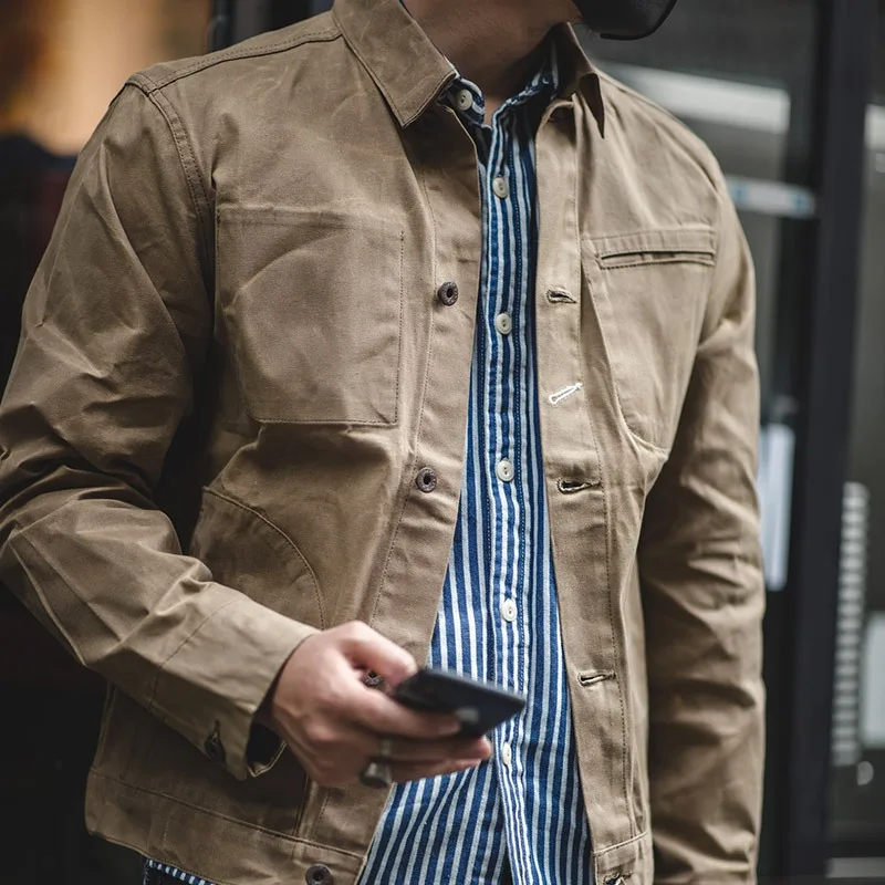 2026 New American Style Vintage Men's Canvas Oil Wax Jacket Y2k Streetwear Amikaji Khaki Hard Windproof Jacket for Men Coats