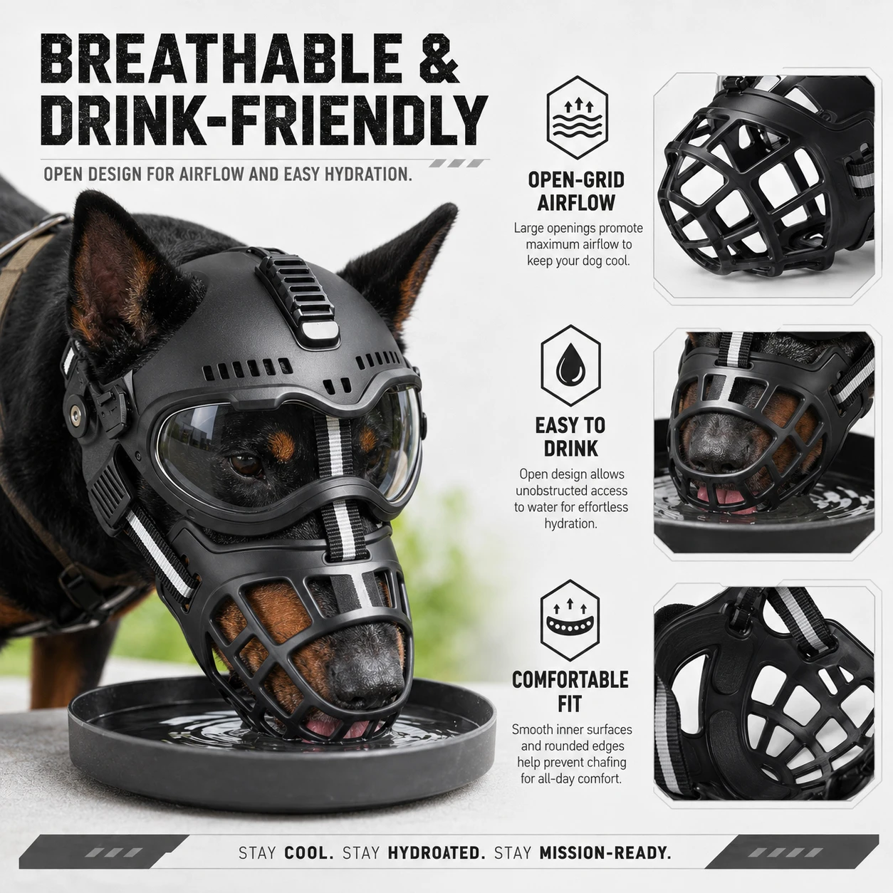 Tactical Dog Helmet with Muzzle and Goggles Protective Gear for Working Dogs Outdoor Training Hunting Patrol Adjustable 6