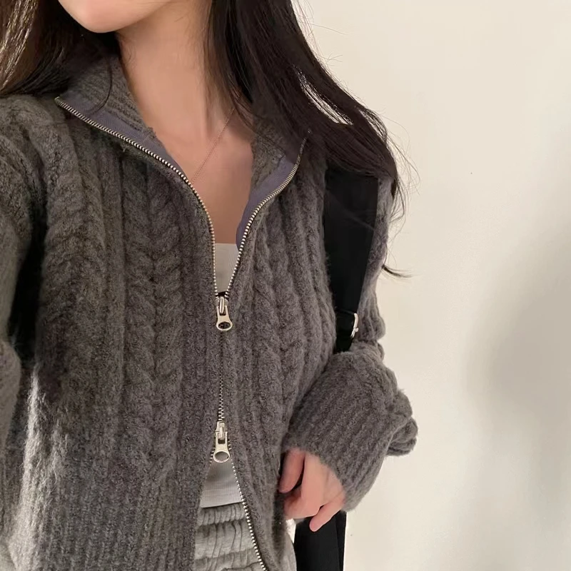New Cardigan Double Zipper Women Sweaters Loose Short Coat Long Sleeve Elegant Fall Knitted Top Autumn Winter Casual Knitwear