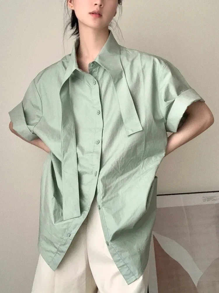 

Streetwear Green Y2K Shirt Women Vintage Loose Short Sleeve Design Blouse Casual Retro Harajuku American Female Lazy Wind Tops