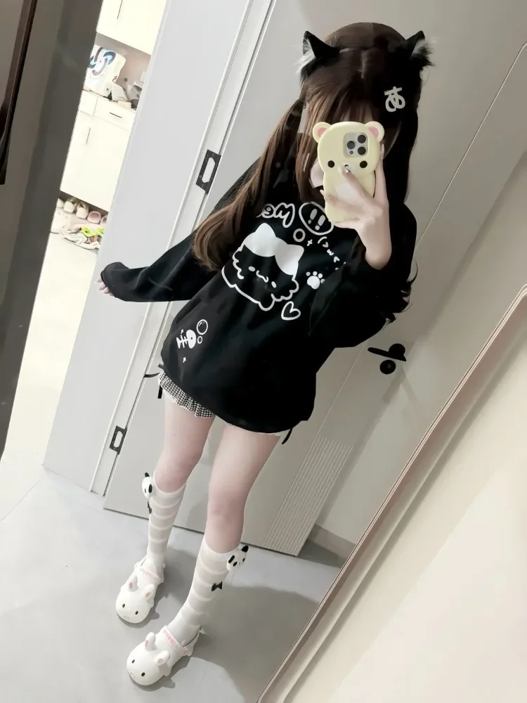 

QWEEK Y2k Japanese Harajuku Hood T Shirt Women Japan Style Sweet Girls Kawaii Cute Cartton Print Gothic Goth Tees 2025 Spring