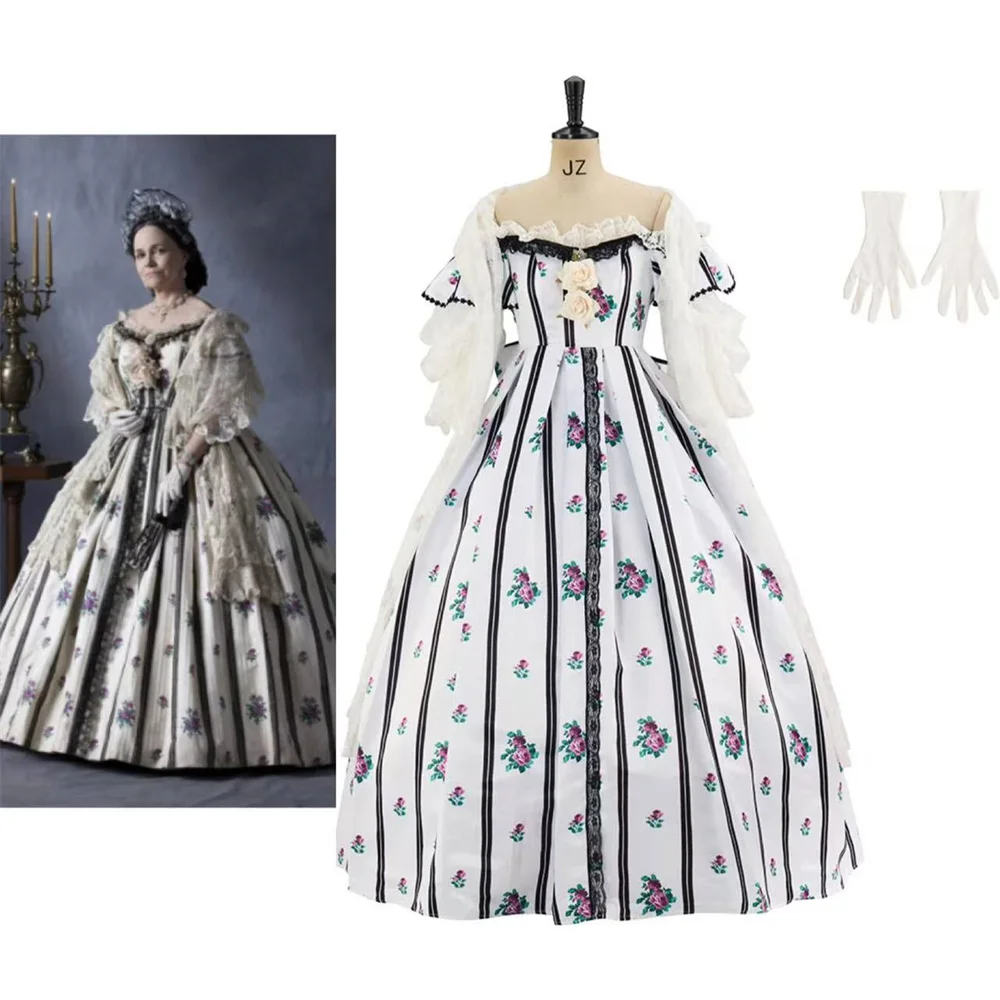 

Movie Lincoln Mary Todd Cosplay Costume White Floral Print Dress Civil War Era Ball Gown Victorian Fancy Rococo Ball Gown