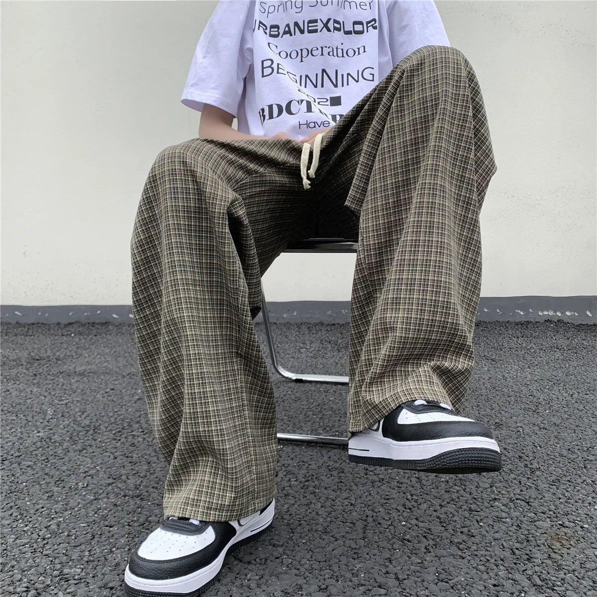 Summer/Autumn Plaid Pants Men Loose Casual Straight Trousers for Male/Female Harajuku Hip-hop Streetwear Wide-leg Mopping Pants