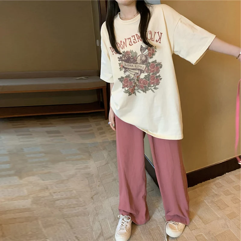 

Summer Maternity Clothes Set Vintage Printing Tees+belly Pants Twinset Fashion Pregnant Woman Pink Trousers Beige Top 2pcs/set