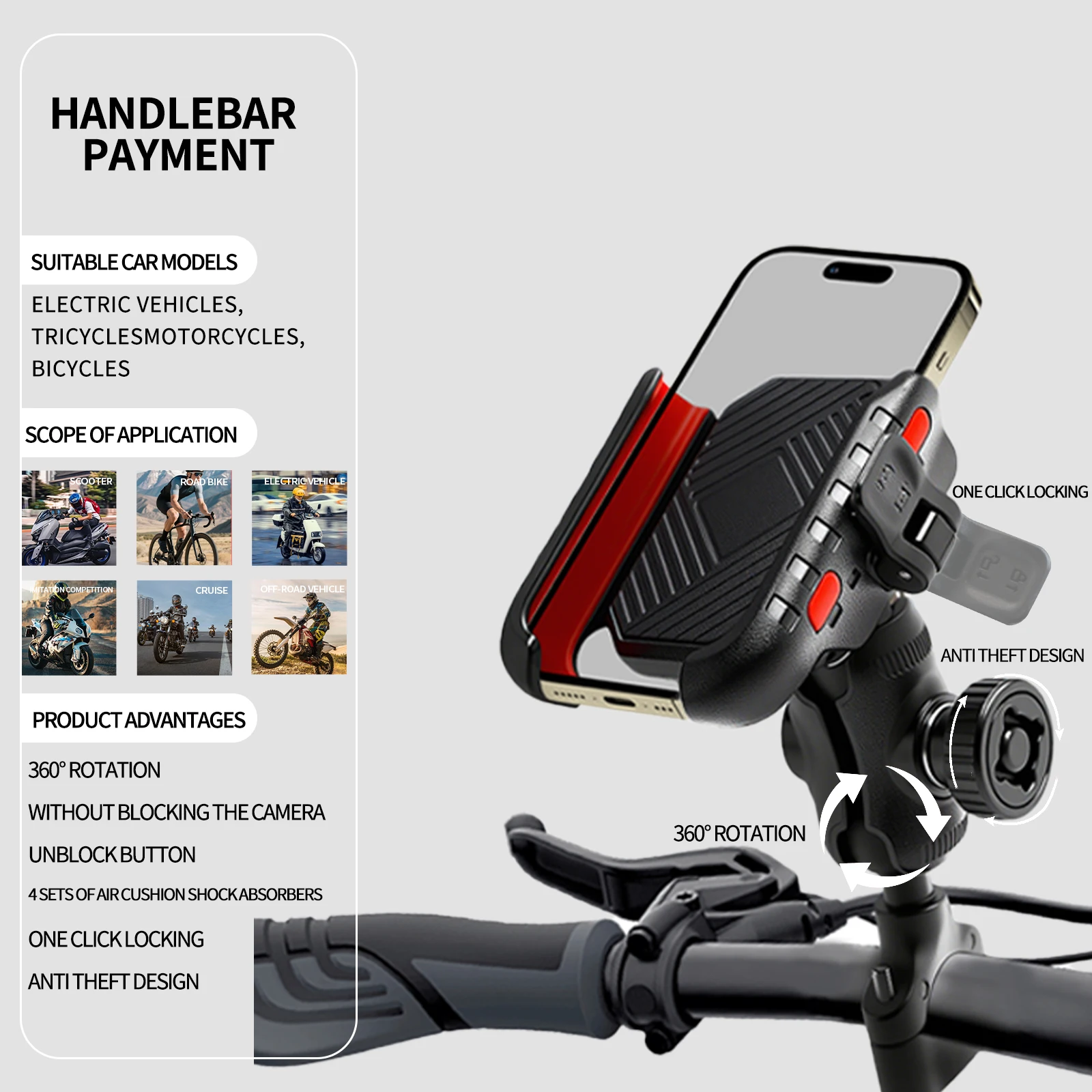 Support pour téléphone vélo 360 °   Ver universel moto véhicule tout-terrain vélo 4.7-7 pouces support de téléphone portable support antichoc GPS