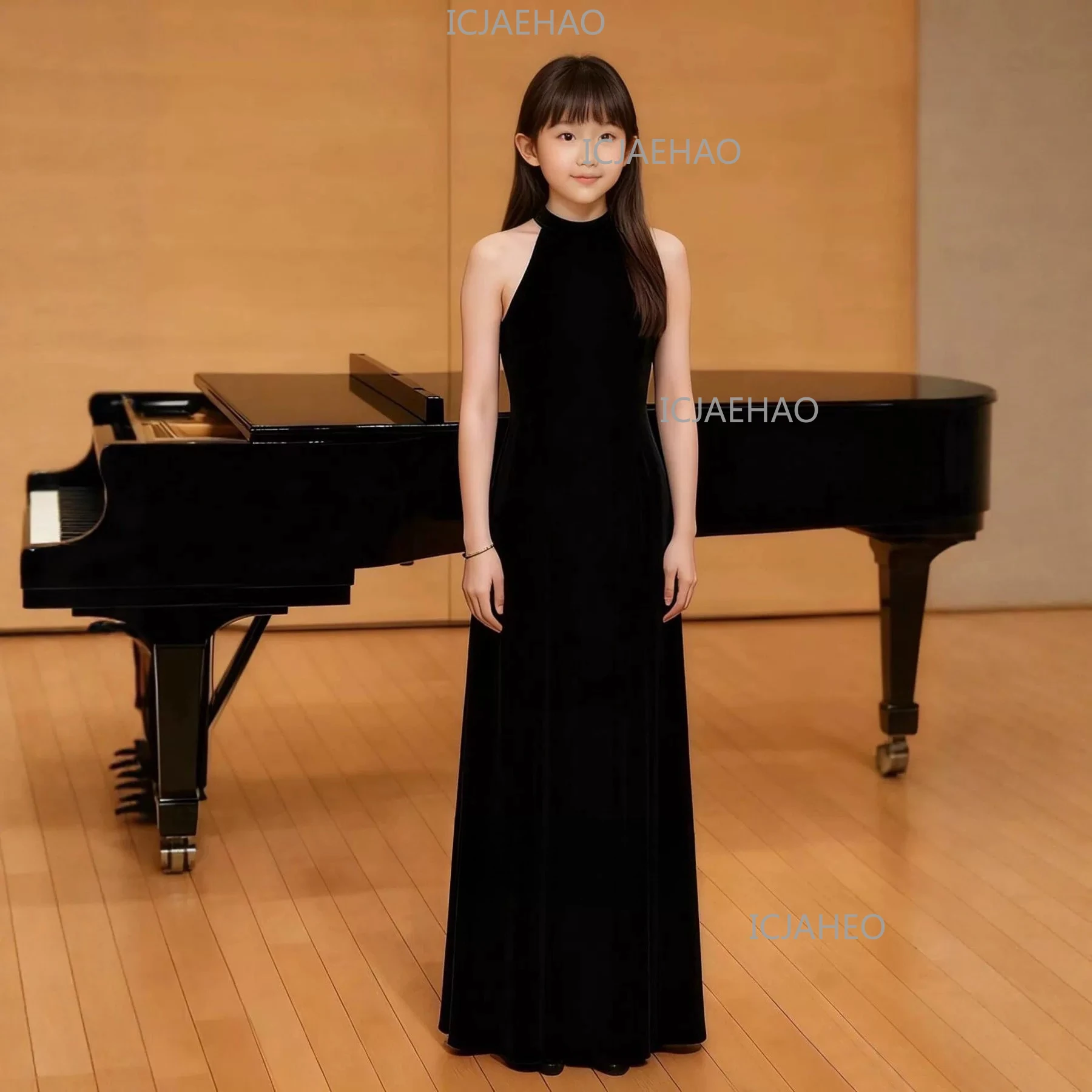 

Girls Velvet Evening Dress Black Foreign Style Model Catwalk Host Piano Costume Party Dress Violin Mermaid Slim Performance
