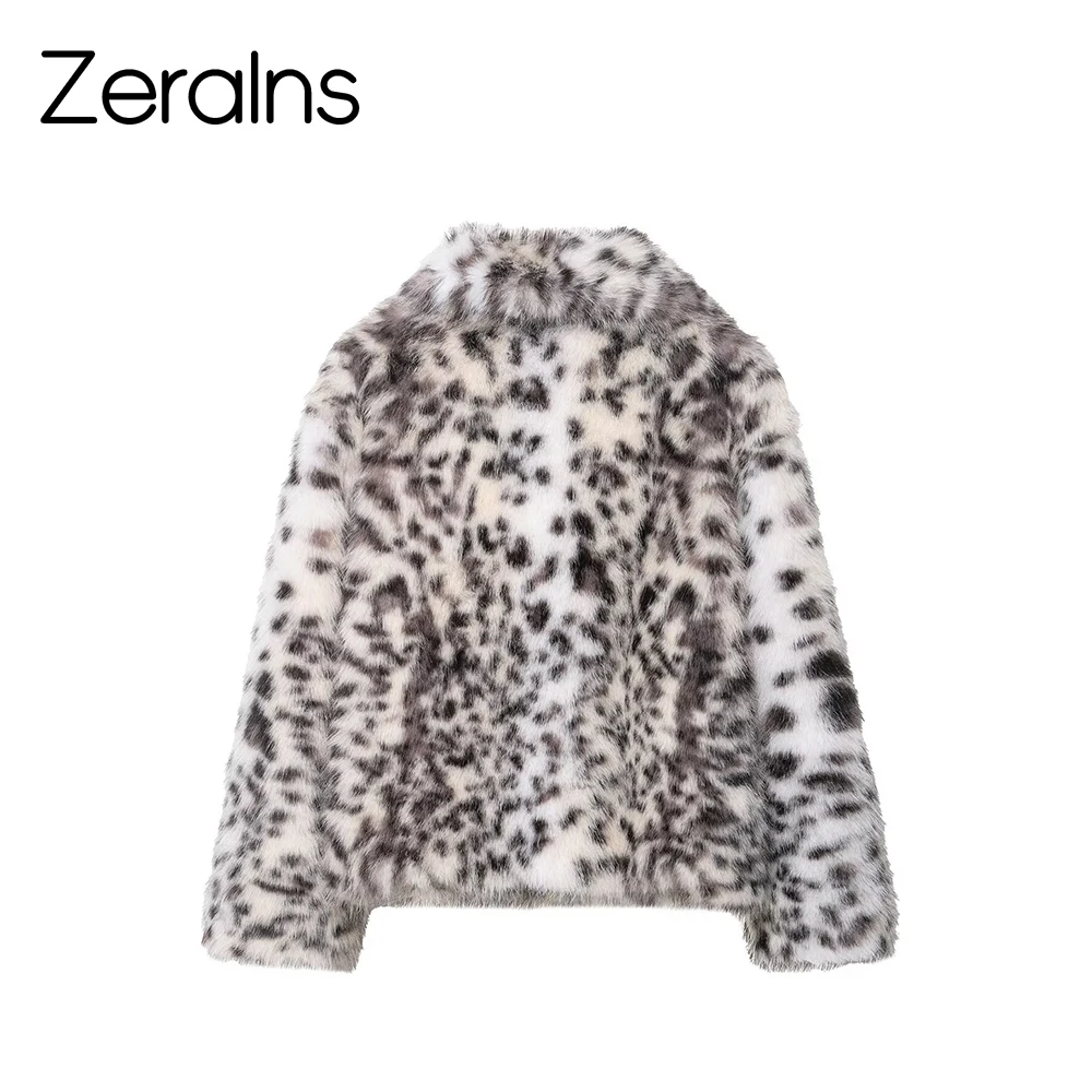ZERAINS 2025, Herbst neuer Stil, luxuriöser Kragen, Kunstpelz, Leopardenmuster, Tierdruck, Kunstpelzjacke