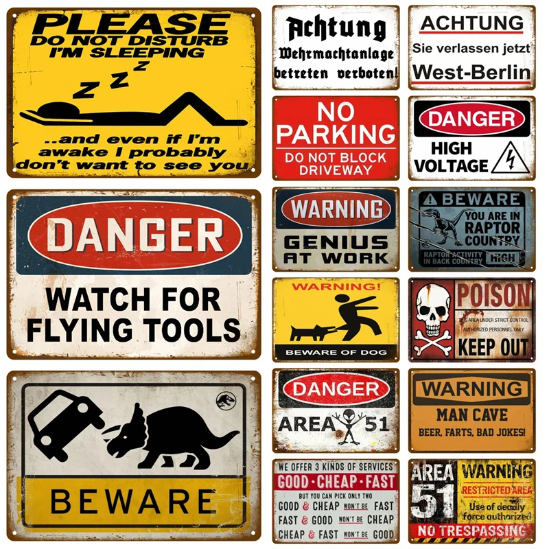 Vintage Mixed Funny Danger Beware Warning Dinosaur Alien Graphic Metal Tin Sign Garage Man Cave Wall Decor Art