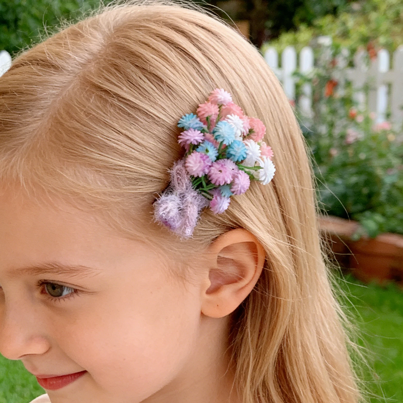 Künstliche Gypsophila-Blume Entenschnabel-Haarspange Glitzer-Netzschleife Makronenfarben Waldstil Mädchen-Seitenpony-Haarspange Kinder Flora – Detail 2