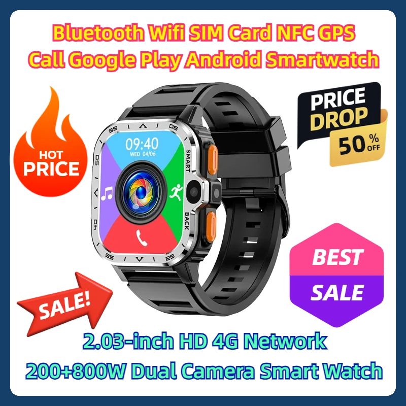 Bluetooth Wifi SIM Card NFC GPS Call Google Play Android Smartwatch 2.03-inch HD 4G Network 200+800W Dual Camera Smart Watch