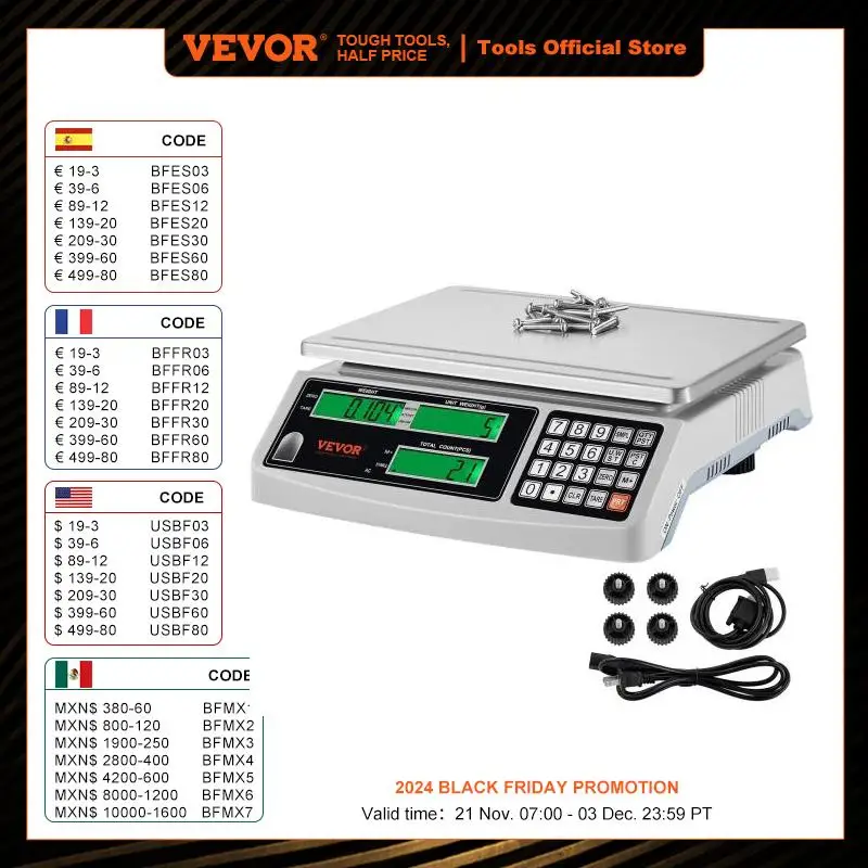 VEVOR 15KG /0.5G Precision Digital Counting Scale Electronic Balance Weight Scale with LCD Screens RS232 Port for Parts Coins