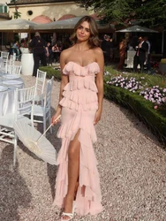 Sweet Pink Layered Ruffles Split Women's Strapless Dress Elegant Backless Off Shoulder Maxi Vestido Chic 2024 Female Party Robes