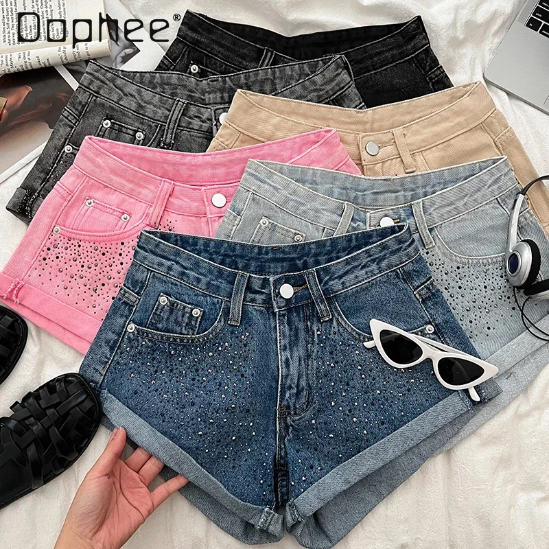 

Women Summer Rhinestone Denim Hot Pants Fashion High Waist Wide Leg A Line Rolled Jeans Shorts Sexy Short Pants All Match