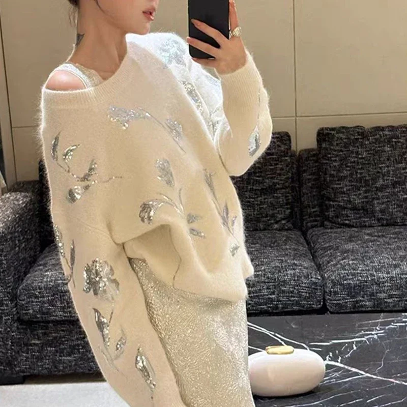 New Autumn and Winter Korean Style Heavy High-end Advanced Niche Designed Floral Sequin Knitted Lazy Sweater for Women