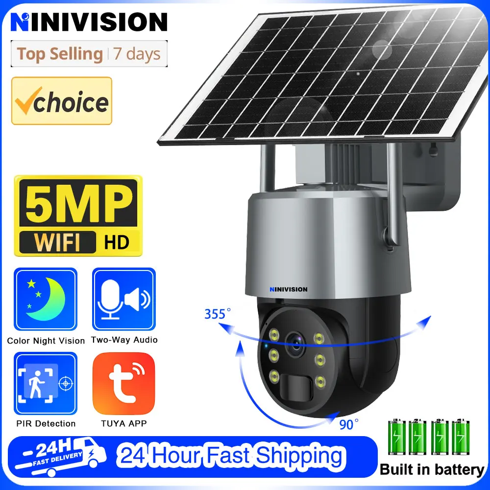 5MP TUYA Solar WiFi IP Camera Outdoor Built-in Battery Security 360° PTZ Camera Solar Panel Wireless Video Surveillance CCTV