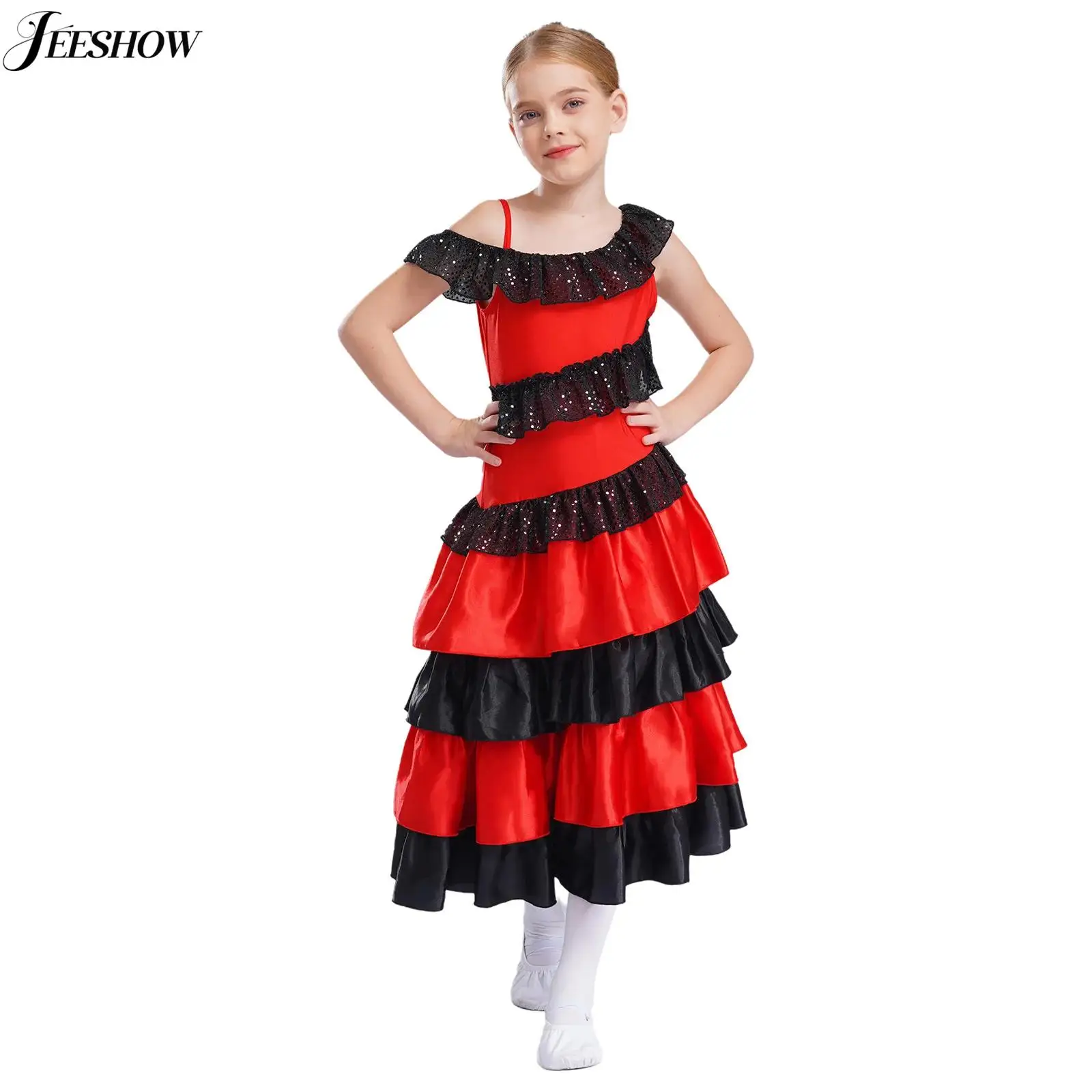 Vestito da ballo di flamenco per bambina, vestito da ballo con paillettes a blocchi di colore, a strati, con volant e spalle scoperte, costume da spettacolo di danza folclórica